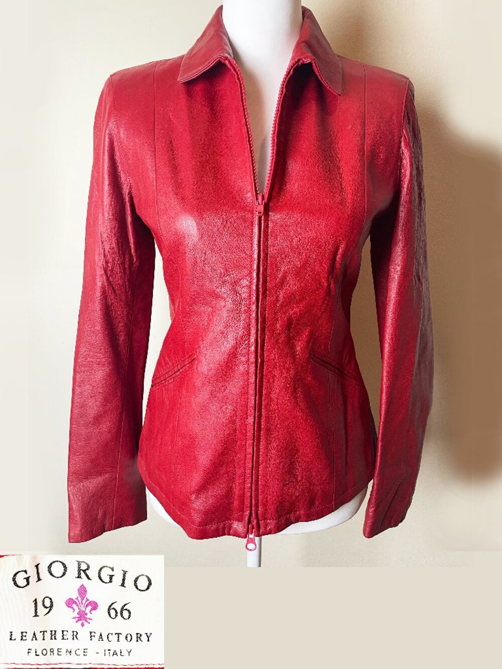 Giorgio 1966 Authentic Red Genuine Italian Leather Zip Jacket Fitted Size 40